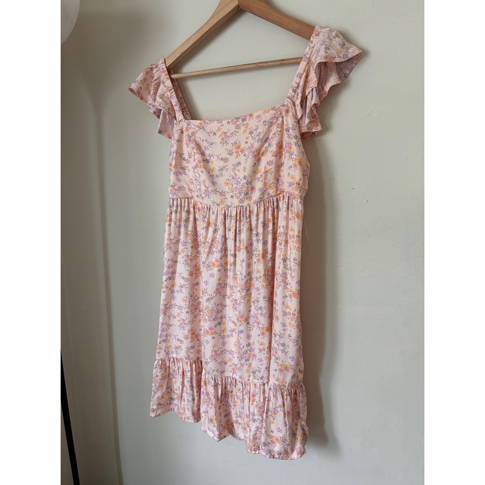 Arizona Jean Co Peach Floral Flutter Sleeve Babydoll Cottacore Mini Dress L